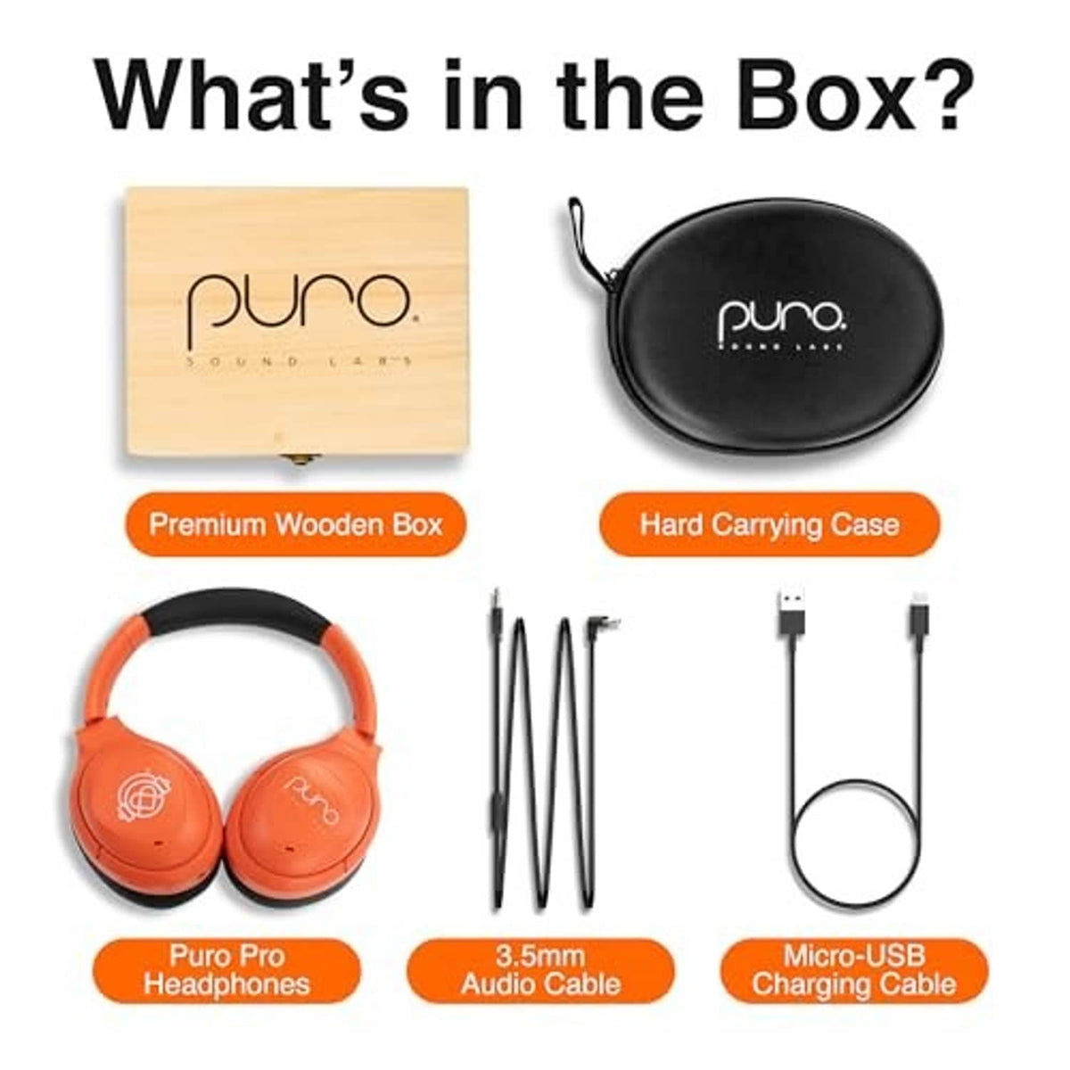 Orange over-ear headphones with hard carrying case and included audio charging cables