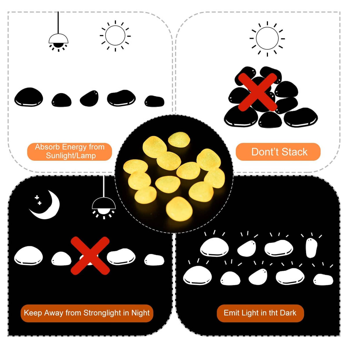 Glow rock pebbles with bright yellow illumination energy theme icons