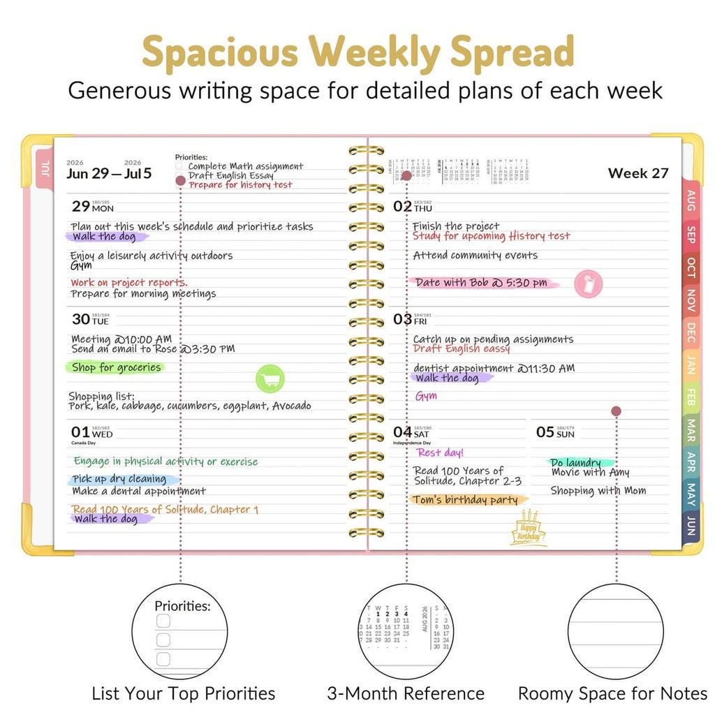 Spacious weekly planner spread with detailed schedule and priorities, dated week view.