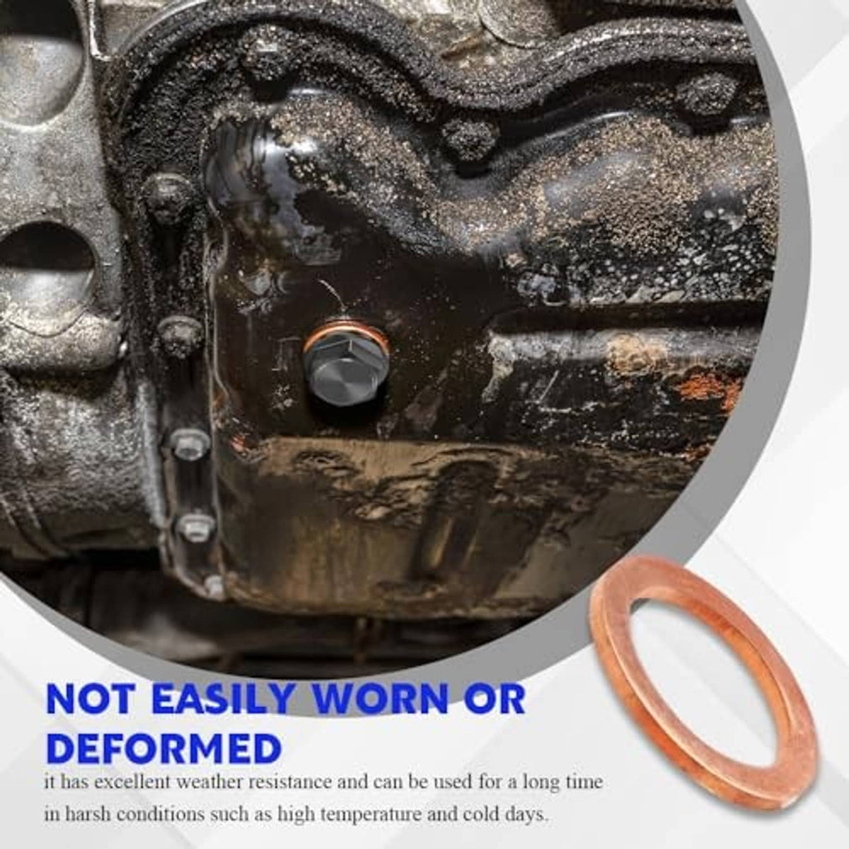 Copper crush washer near an oil pan drain bolt opening