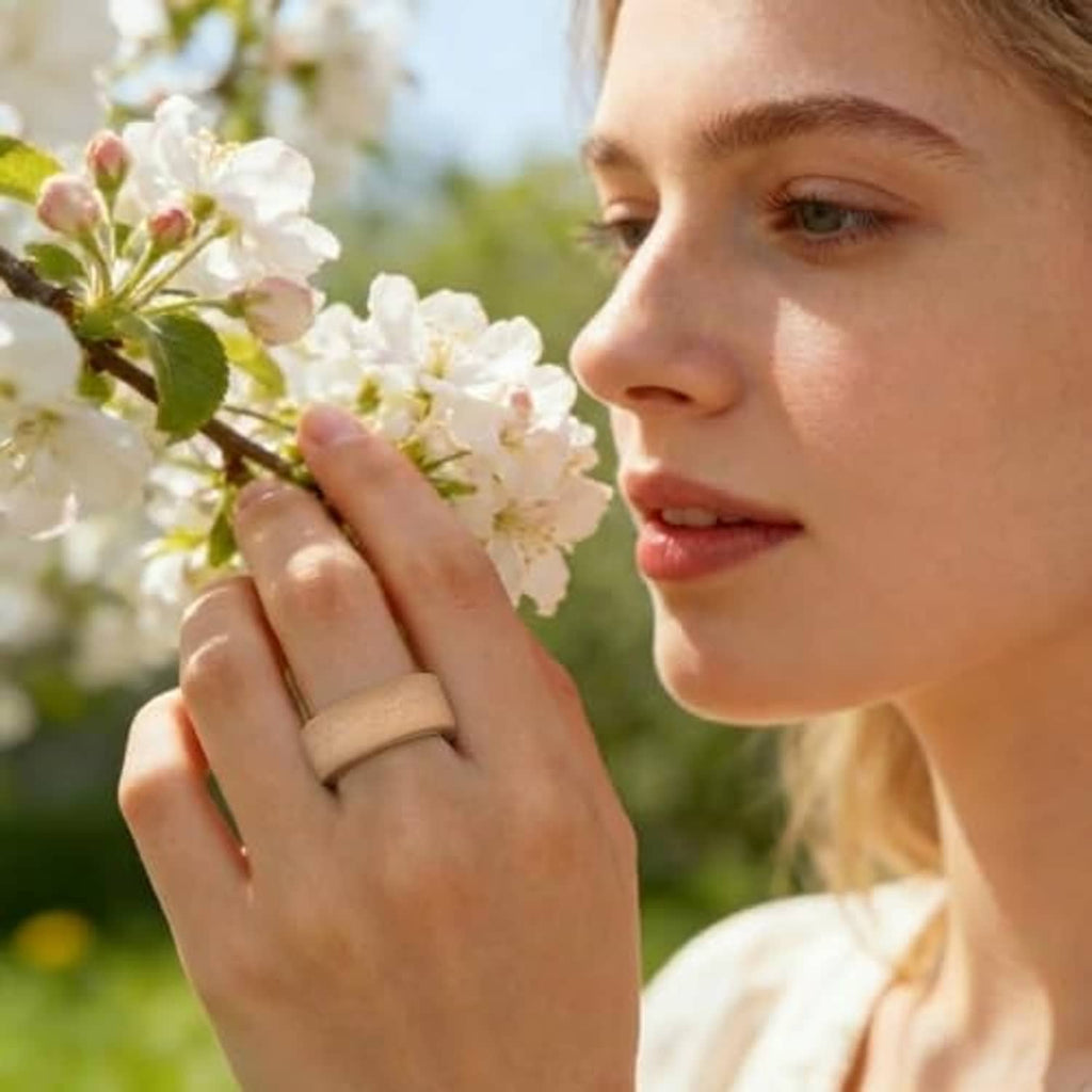 Rose floral ring cover on finger with smooth matte finish