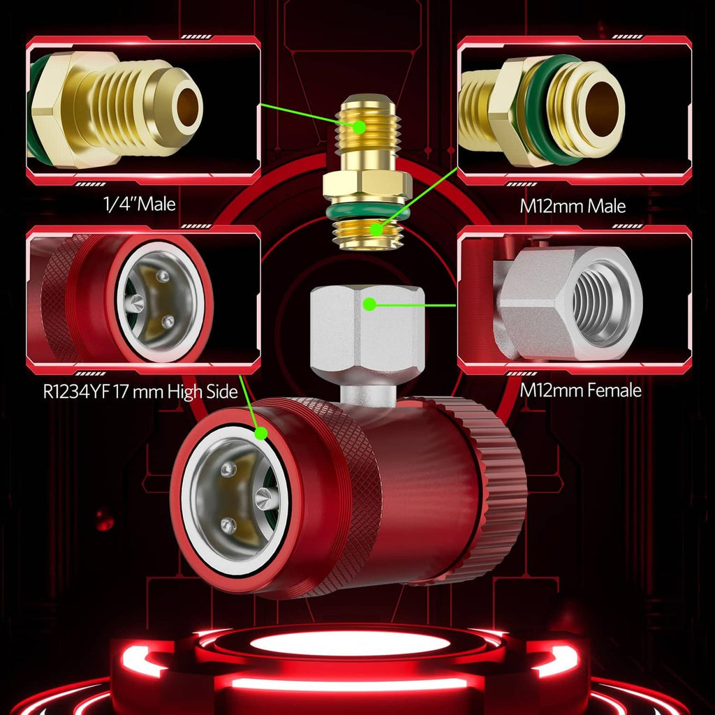 R1234YF-style adapter coupler with brass fittings, silver connector, and blue/red caps