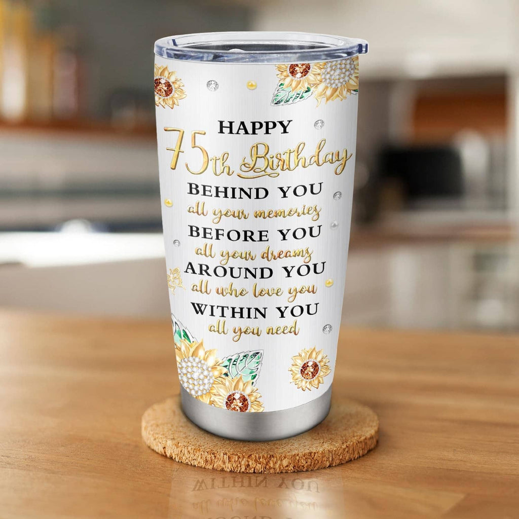 White 20 oz tumbler with “Happy 75th Birthday” message and gold floral accents