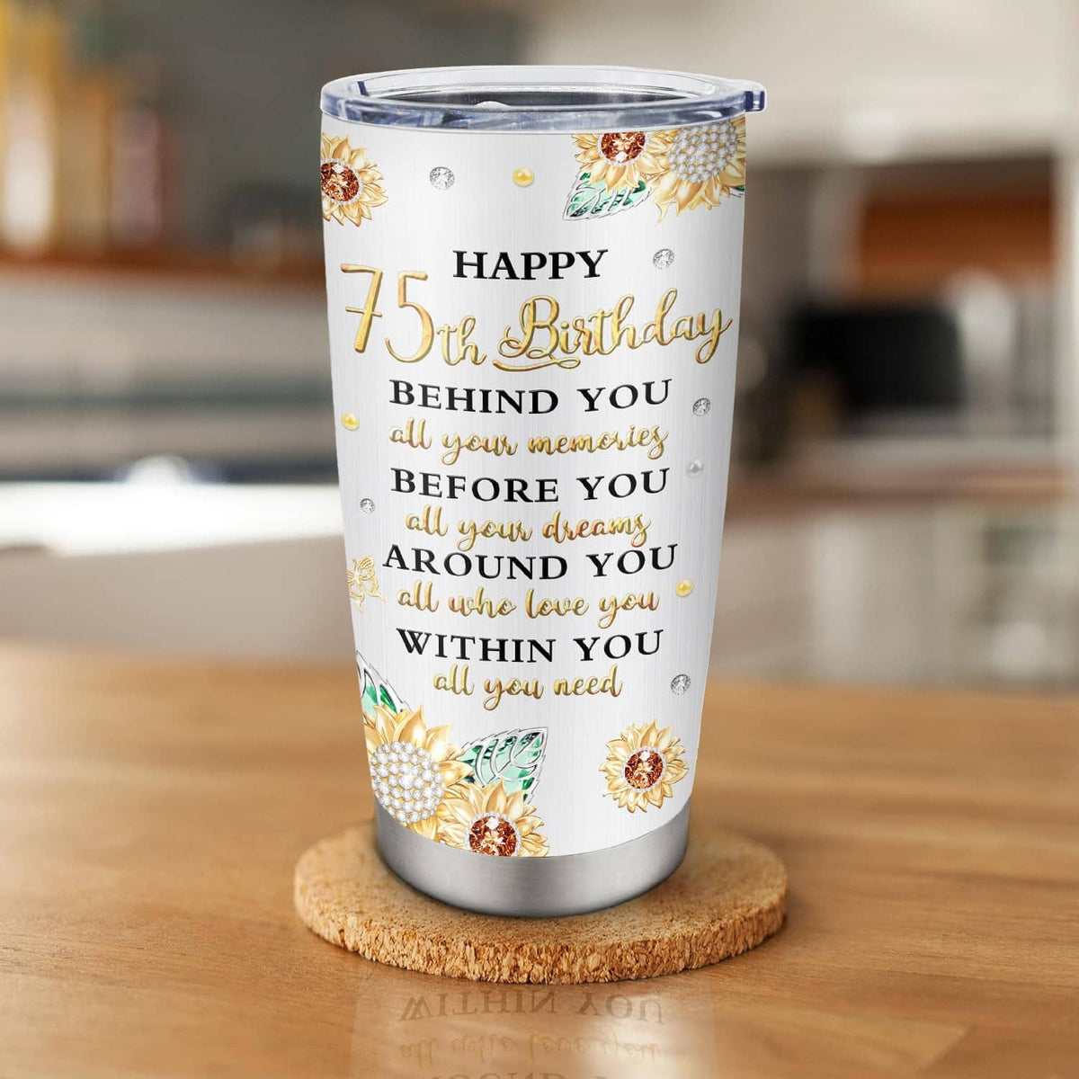White 20 oz tumbler with “Happy 75th Birthday” message and gold floral accents