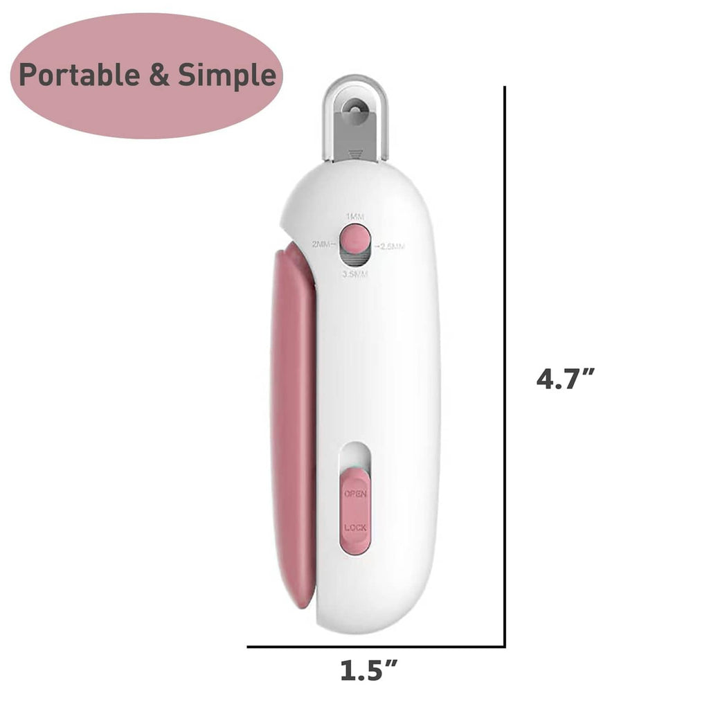 White cat nail clipper with pink side lever, standing on base; compact handheld size