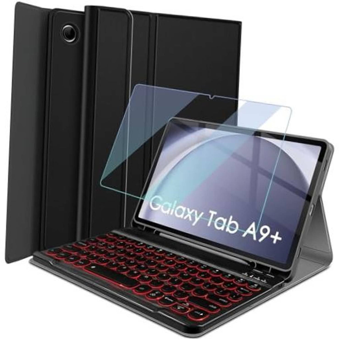 Black tablet keyboard case with red backlit keys and folding cover