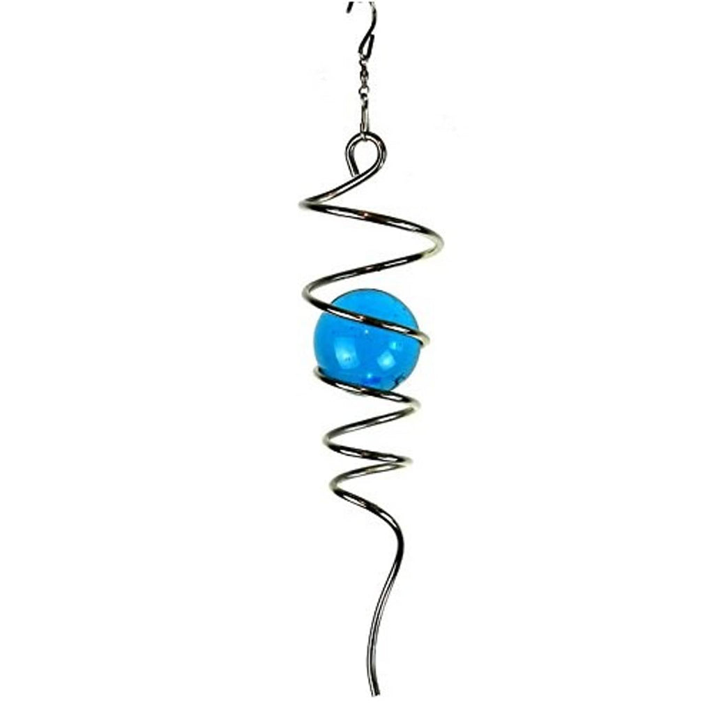 Blue gazing ball spiral wind spinner with hanging chain and metal spiral tail
