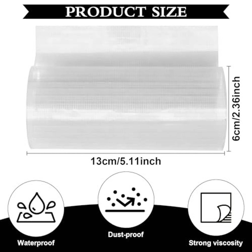 White clear repair tape roll size diagram with waterproof and strong viscosity icons