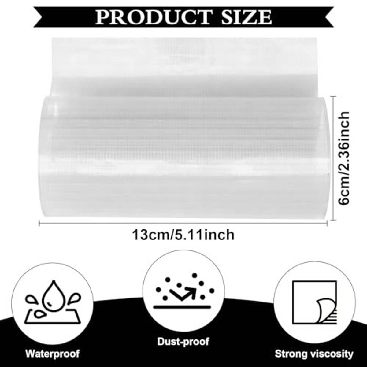 White clear repair tape roll size diagram with waterproof and strong viscosity icons