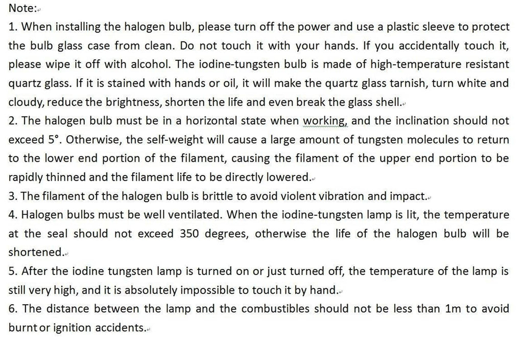 Halogen bulb installation and care instructions sheet