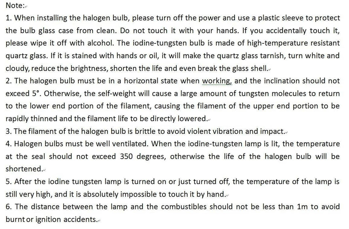 Halogen bulb installation and care instructions sheet