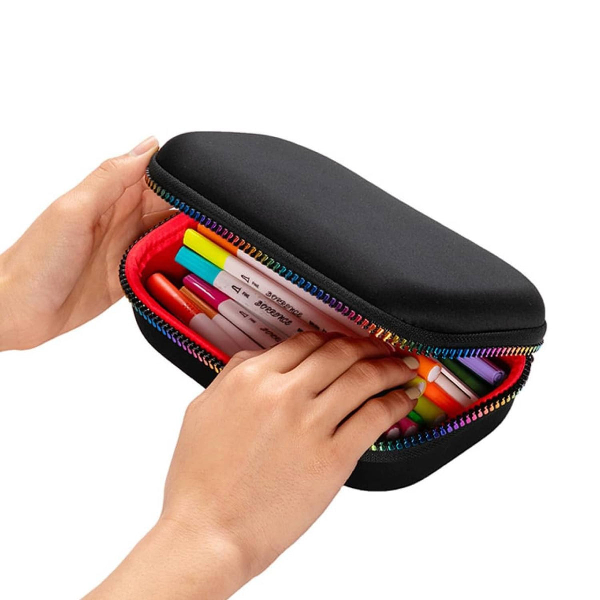 Black pencil case with rainbow zipper, open top showing colorful pens inside.