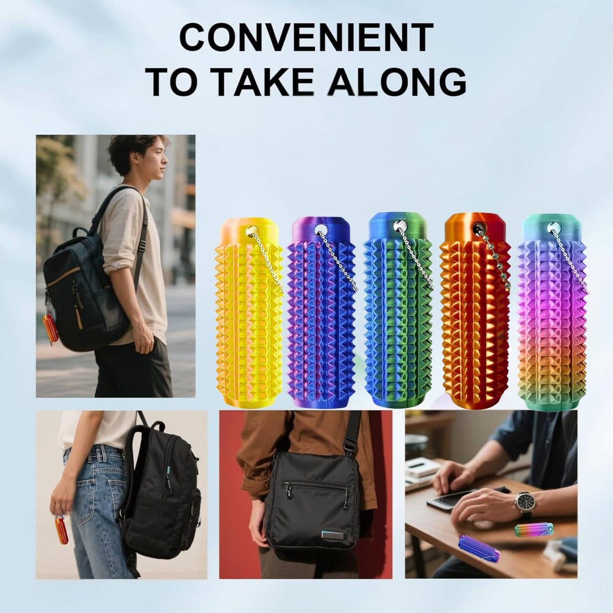 Set of 5 multicolor spiky fidget keychains with metal key rings for travel