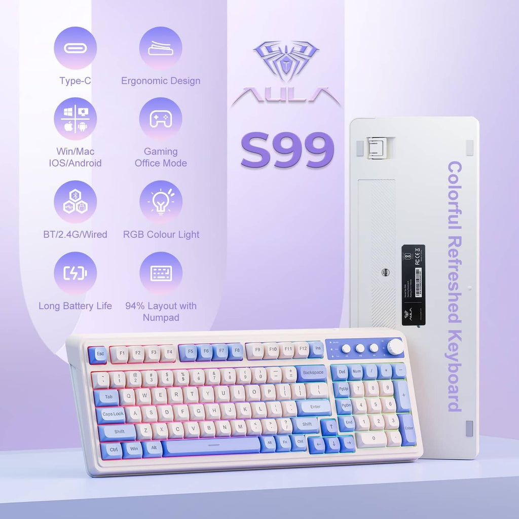 Wireless gaming keyboard with white and blue keycaps and purple-beige side accents