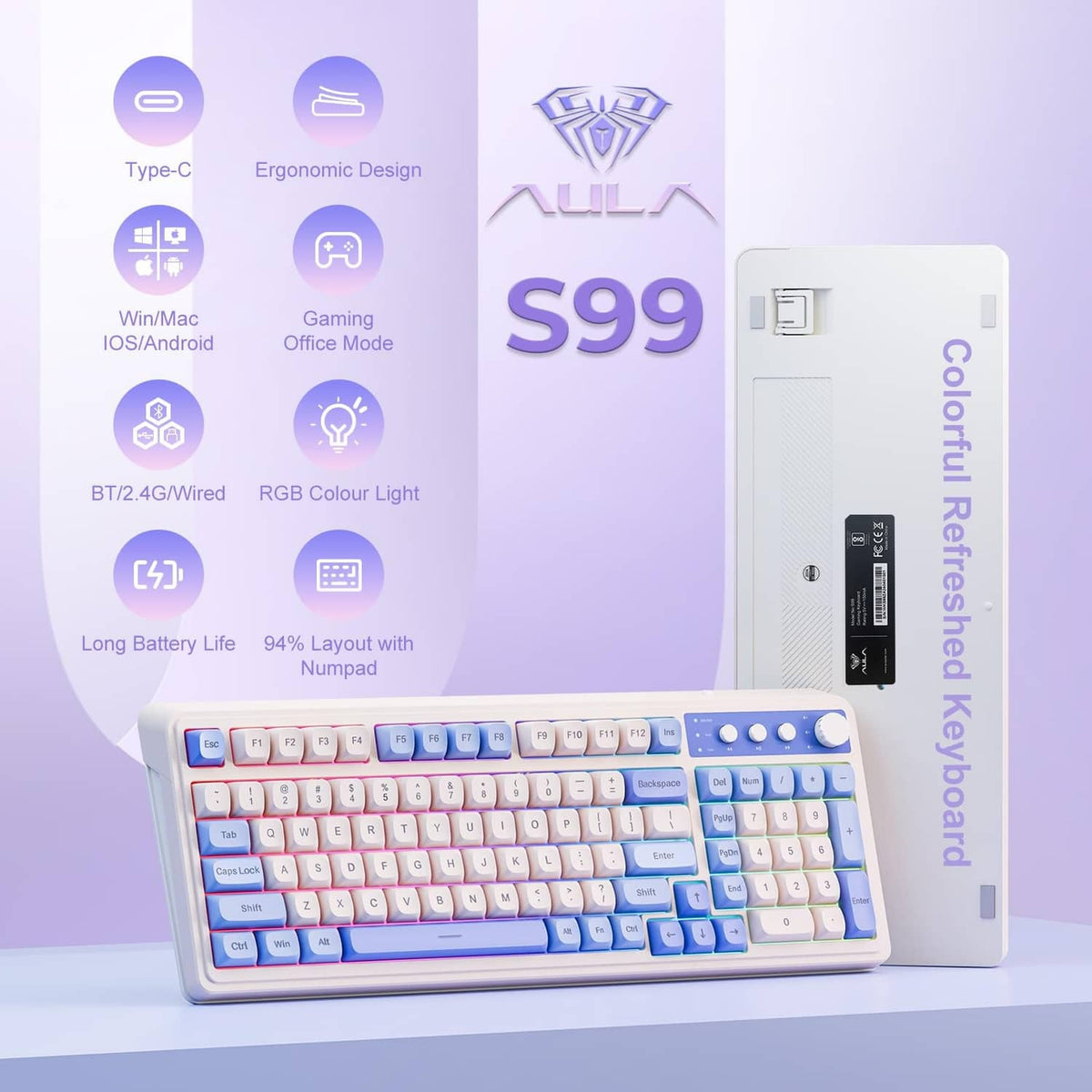 Wireless gaming keyboard with white and blue keycaps and purple-beige side accents