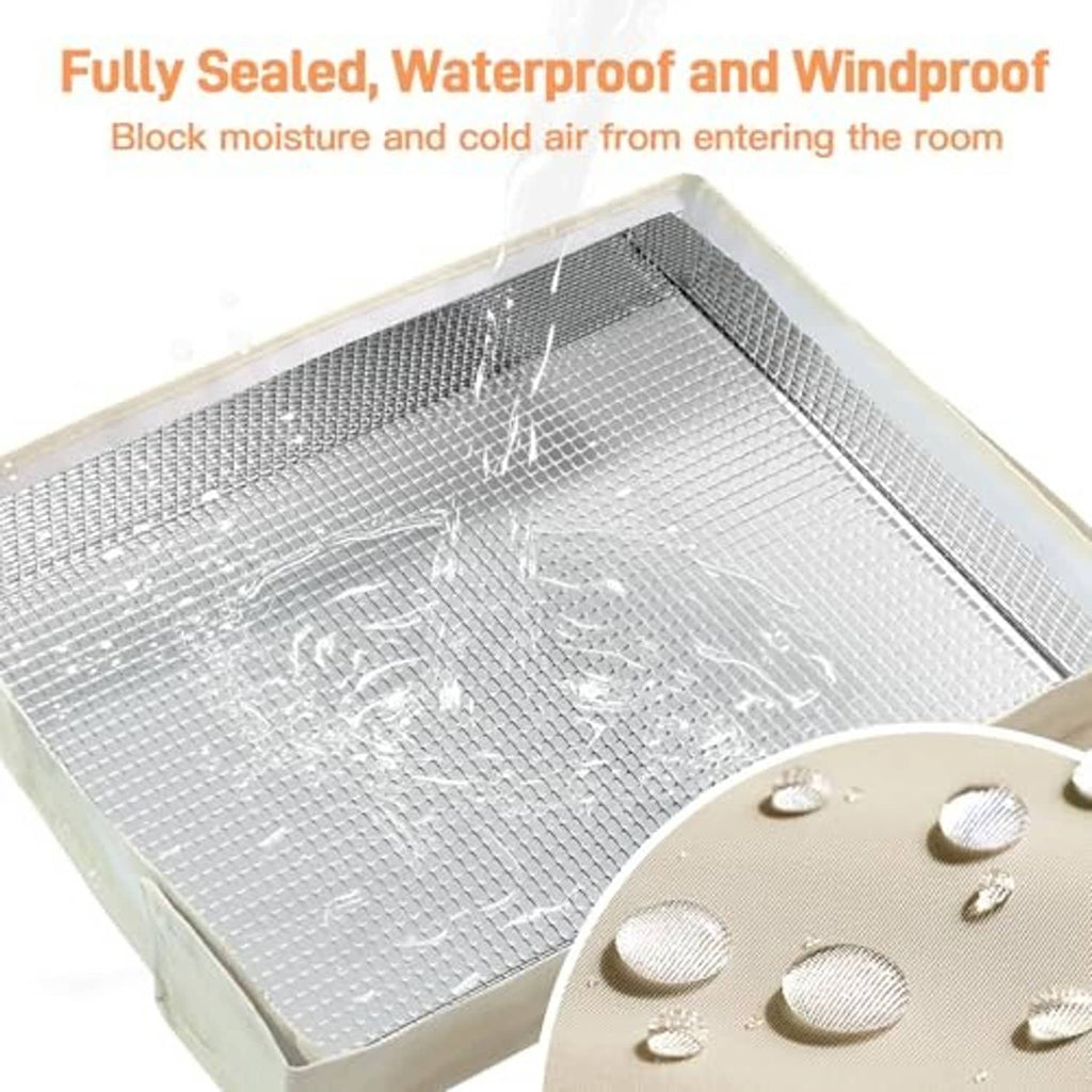 Beige AC cover with silver reflective top layer shown with water droplets