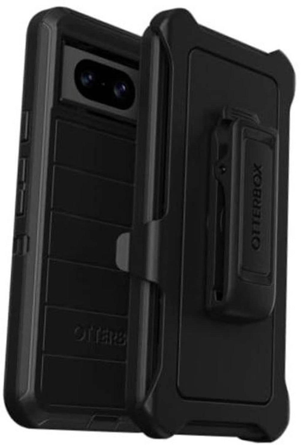 Black Defender phone case with built-in holster clip for Google Pixel 8