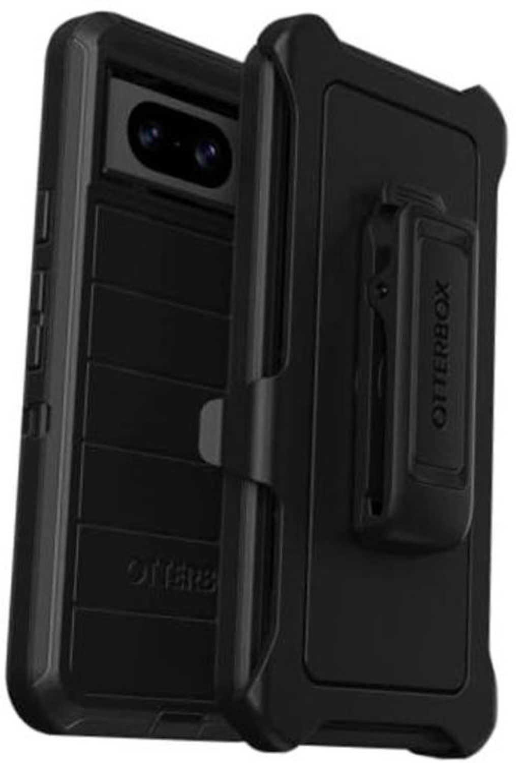 Black Defender phone case with built-in holster clip for Google Pixel 8