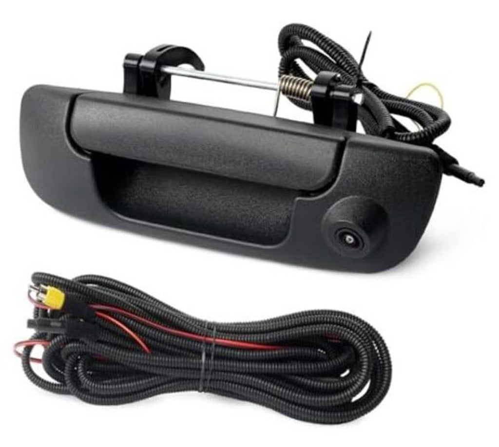 Black rear tailgate handle backup camera with attached wiring harness