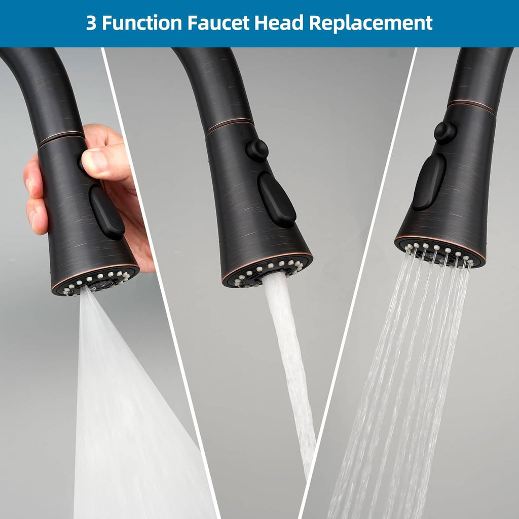 Universal faucet head replacement showing streams from three nozzles and two buttons