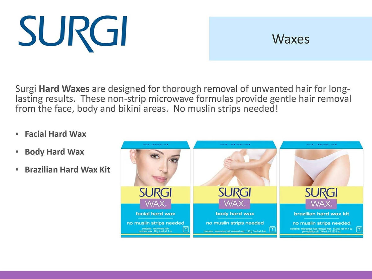 Surgi hard wax boxes with labels for facial, body, and Brazilian hard wax kits