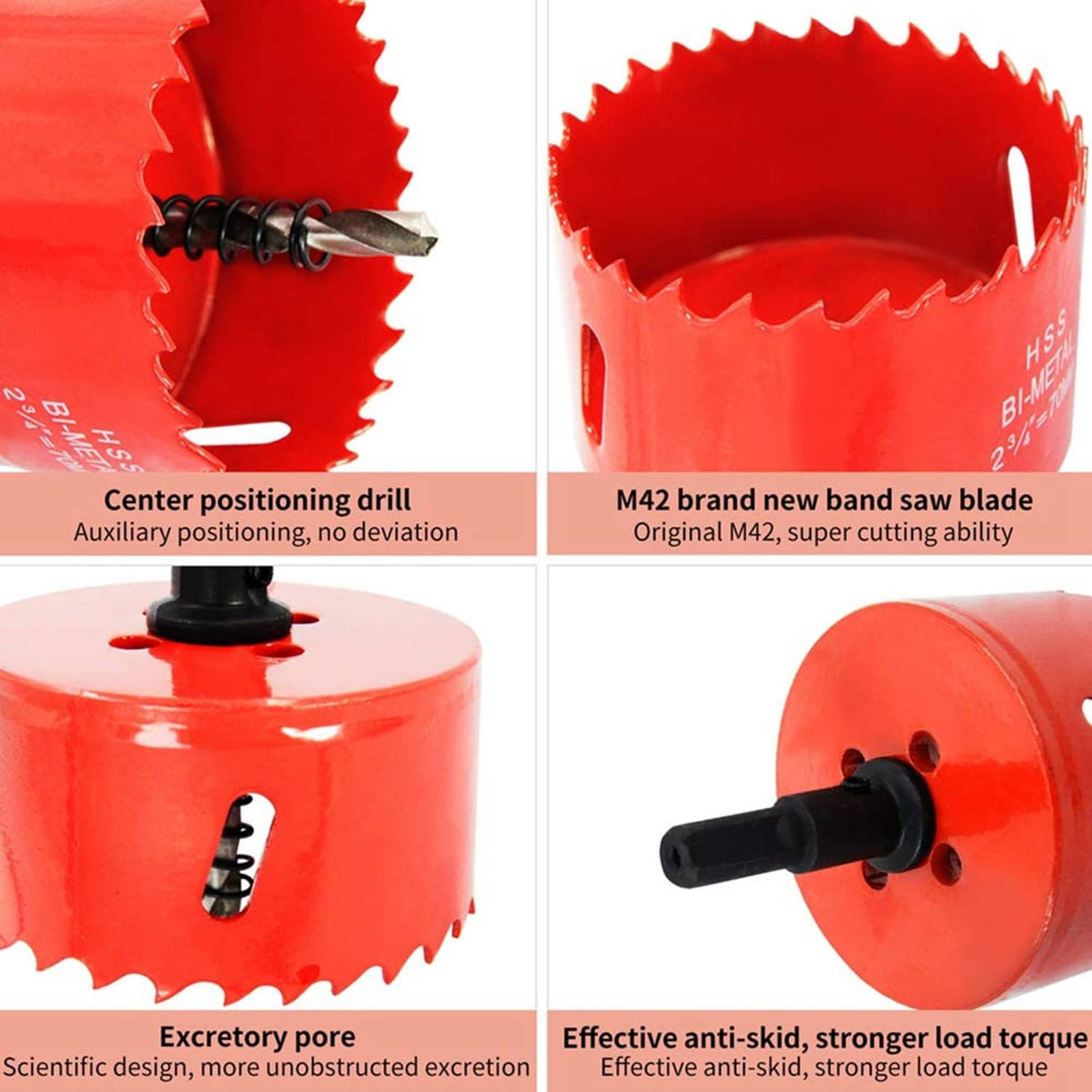 Red hole saw cutter with arbor drill bit and centering point for accurate hole cutting