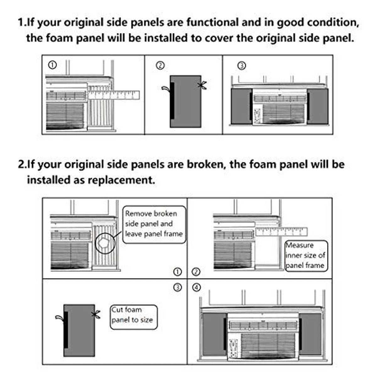 Printed installation guide diagram for window AC foam side panels, step-by-step layout.