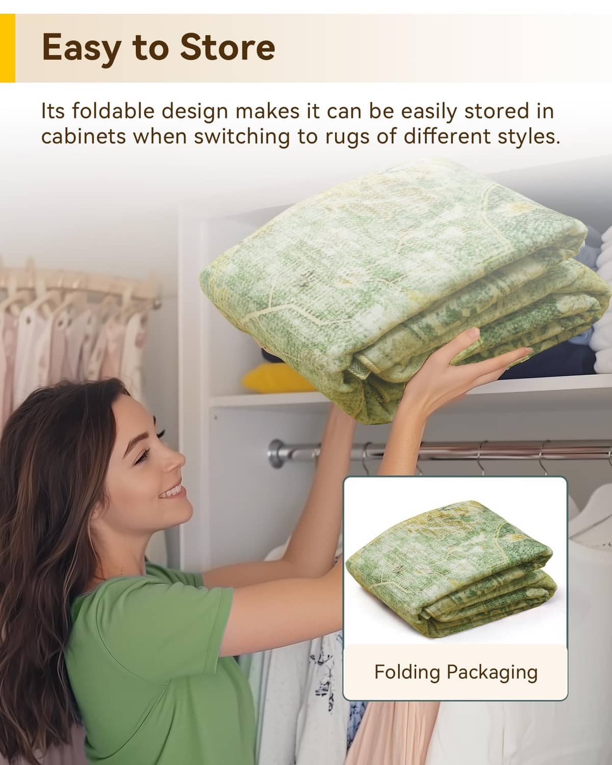 Folded green patterned washable area rug stacked for easy storage.