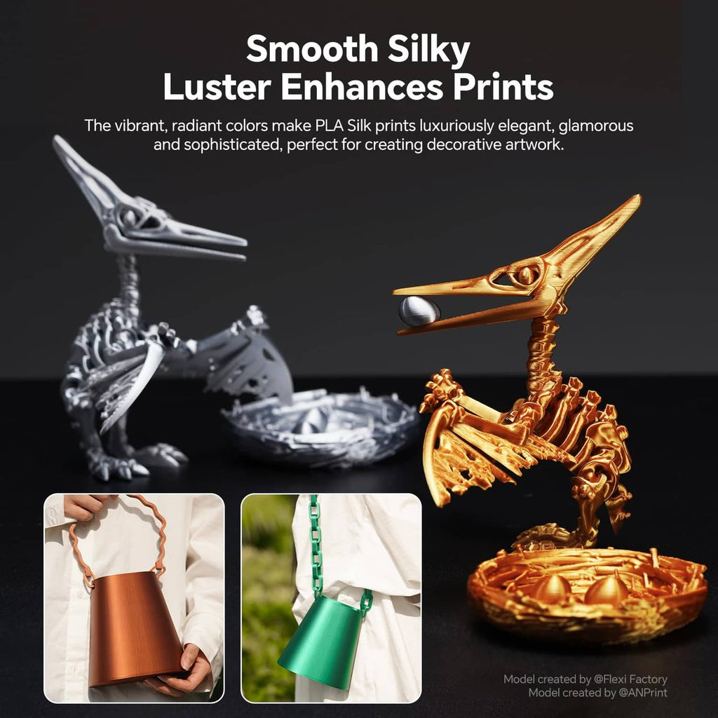 Red silk filament sample luster prints on decorative figurines and tabletop artwork