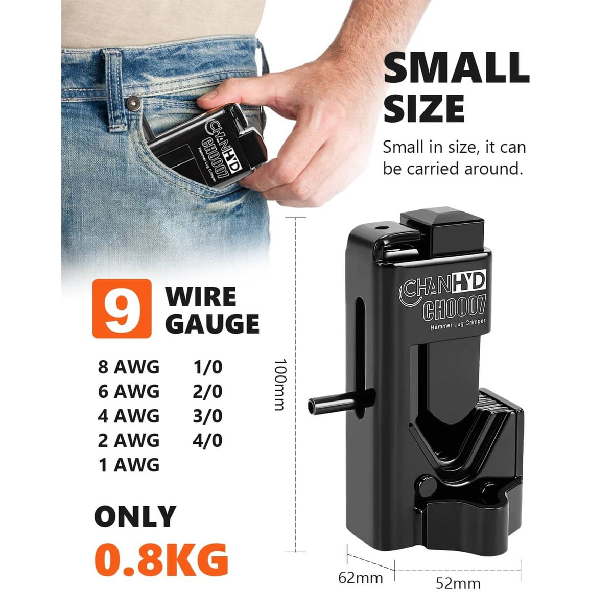 Compact black hammer lug crimping tool held in a jeans pocket with head visible