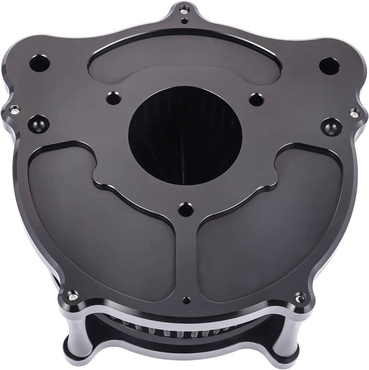 Black air cleaner intake filter cover plate with central round opening