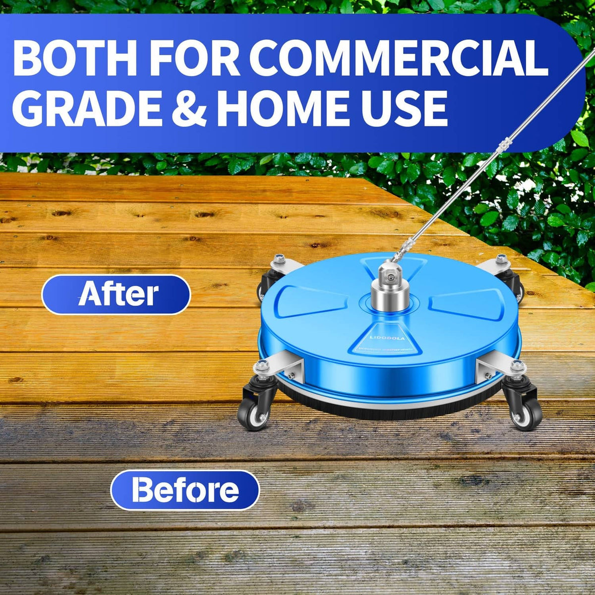 Pressure washer surface cleaner with blue circular head and four wheels for outdoor cleaning