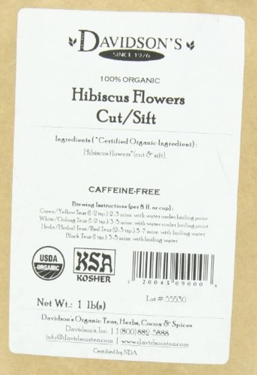 Close-up of Davidson's Organics hibiscus flowers cut & sift label, caffeine-free