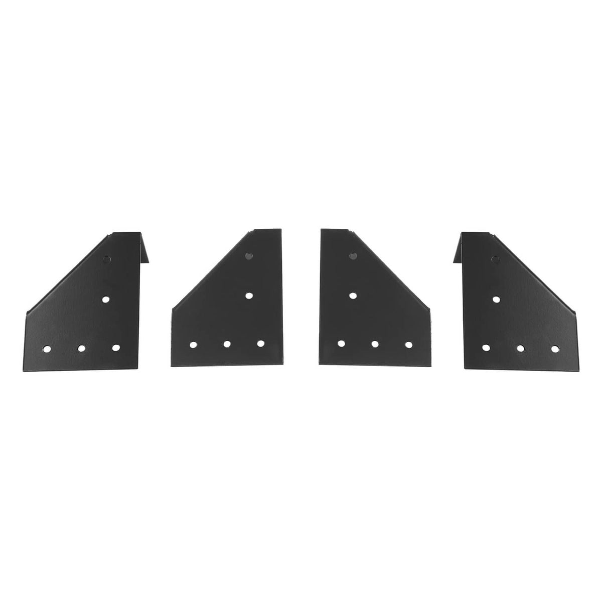 Black metal roof rack bracket pieces with drilled holes, set of four