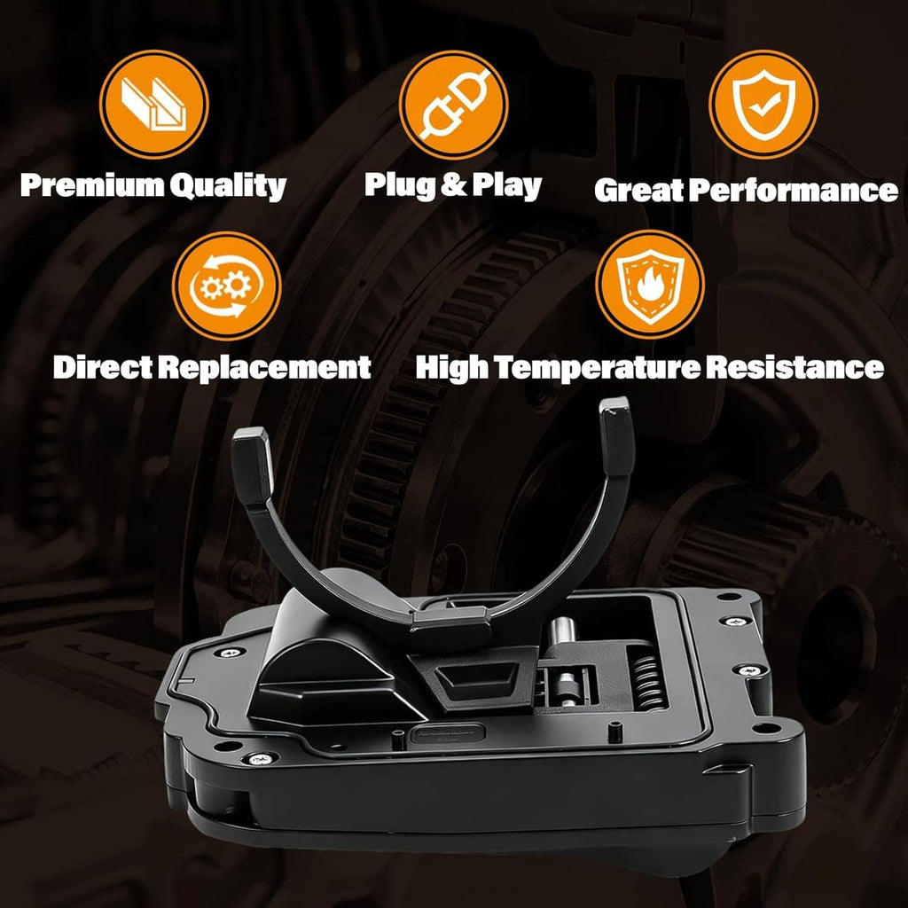 Transfer case actuator with black curved arm and plug-in wiring harness, shown on angled view