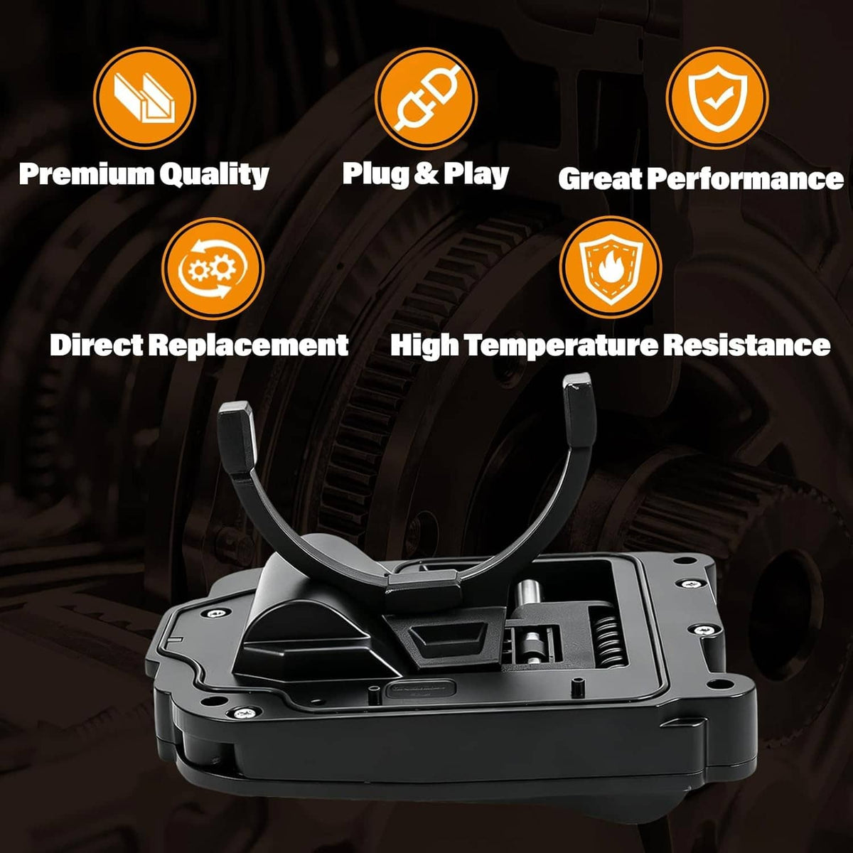 Transfer case actuator with black curved arm and plug-in wiring harness, shown on angled view