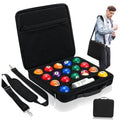 Black pool ball carrying case with handle, open lid reveals ball compartments