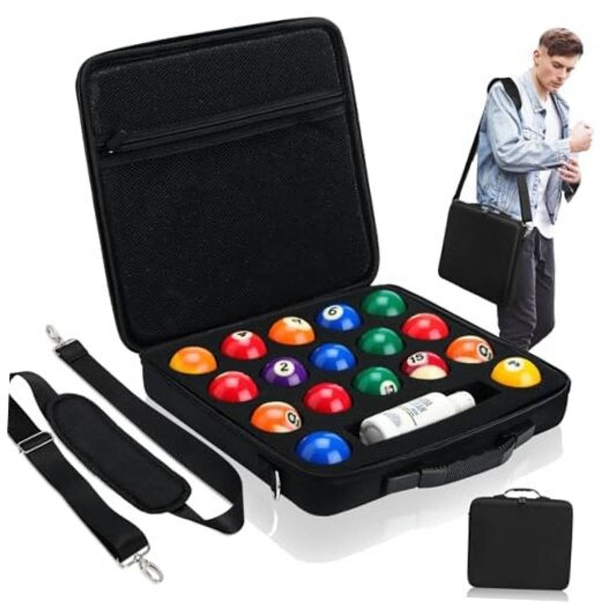 Black pool ball carrying case with handle, open lid reveals ball compartments