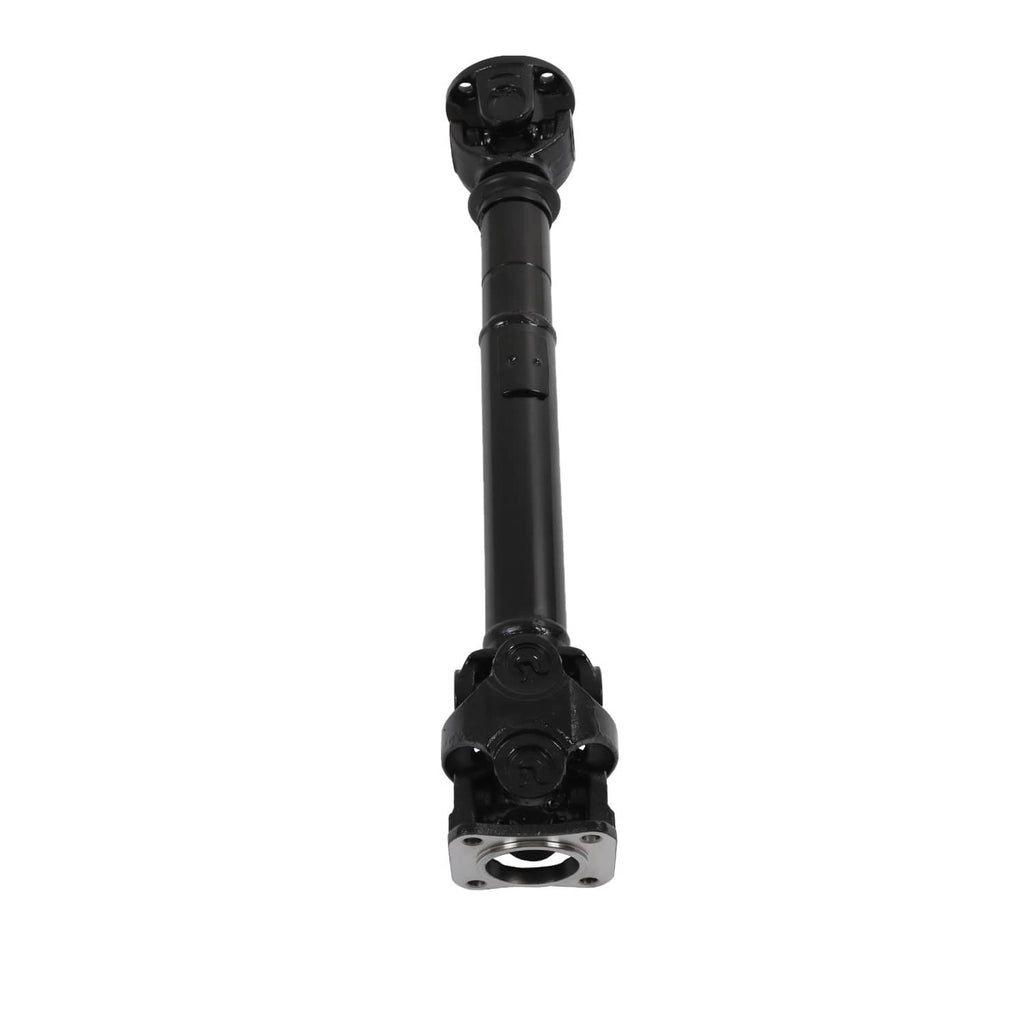Front drive shaft with cross U-joint and metal mounting flange, black.