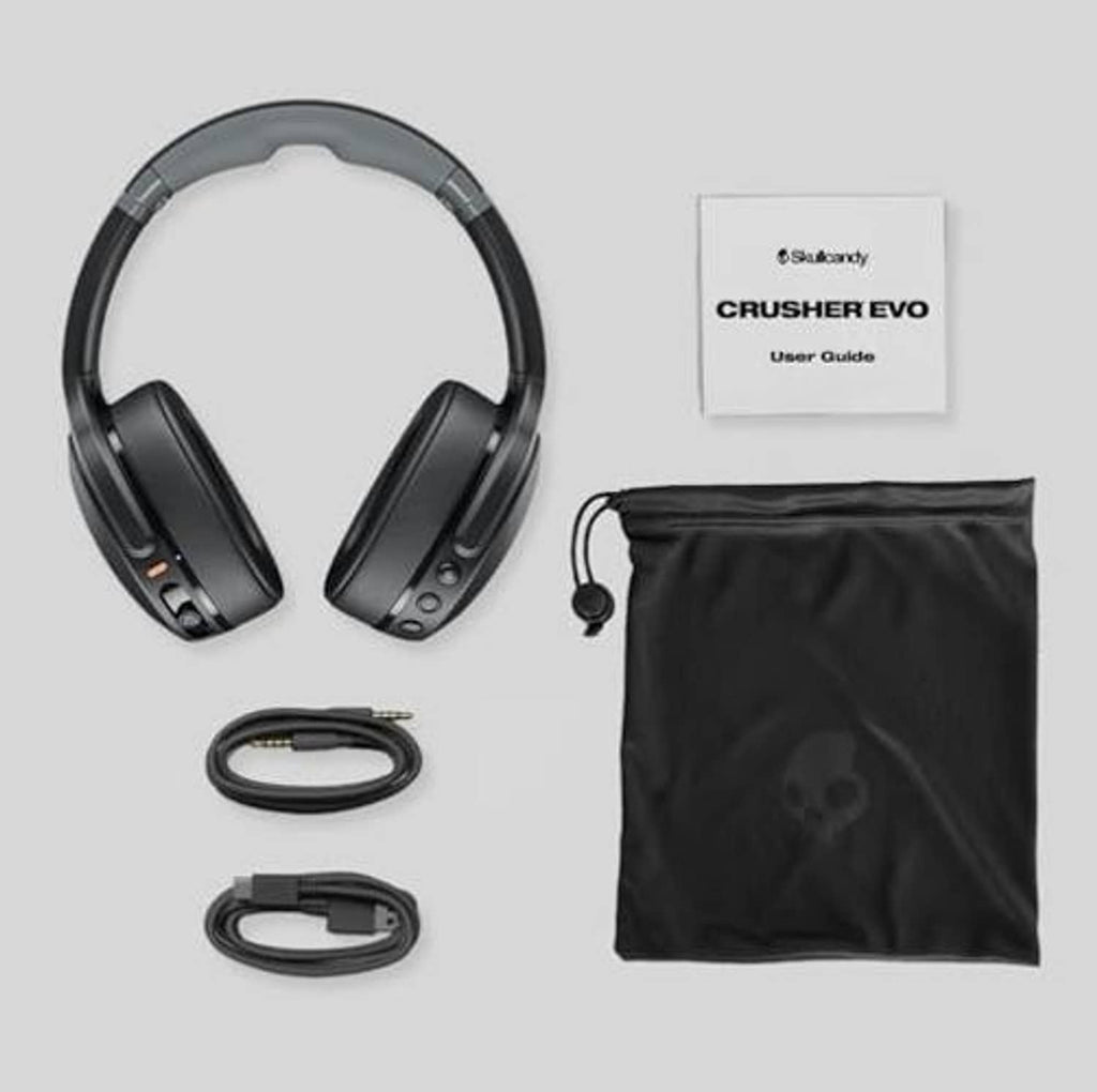 Chill grey wireless over-ear headphones with cables and black storage pouch