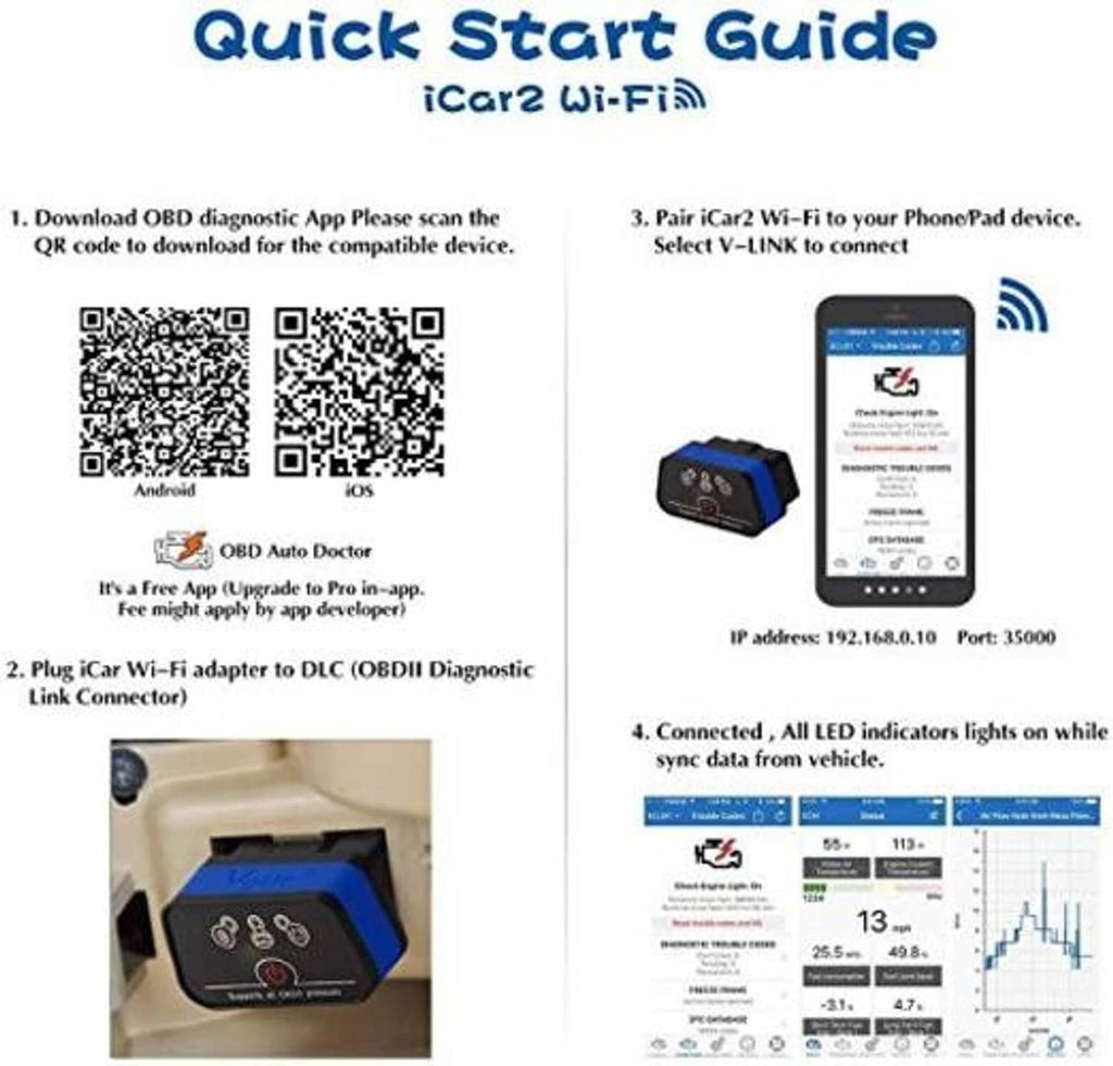 OBD2 Wi‑Fi scanner quick start guide with QR codes and connection steps