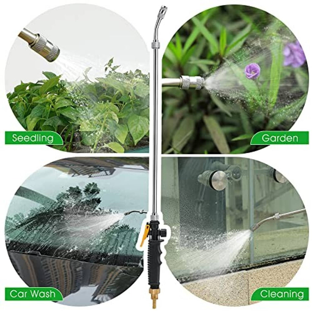 Garden sprayer wand spraying water over plants, car surfaces, and outdoor areas