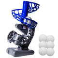 Blue ball cage and gray pitching base with control panel, plus six white plastic balls