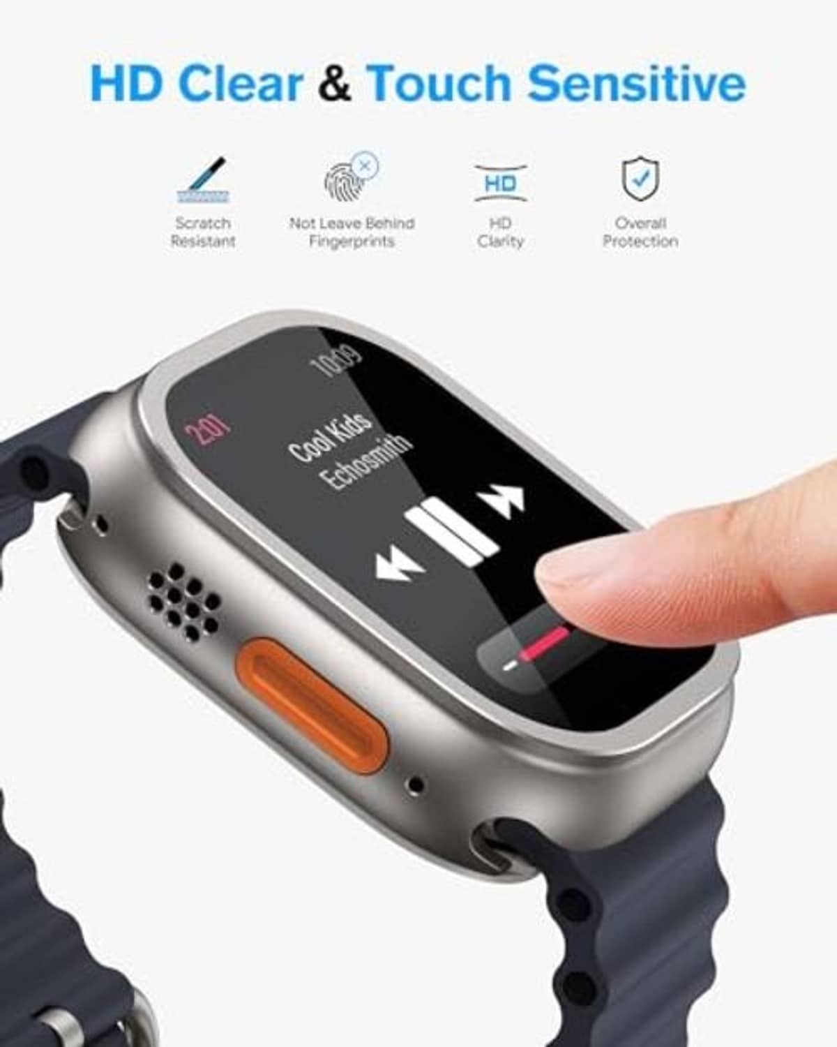 Screen protector on natural titanium watch with clear glass over the display