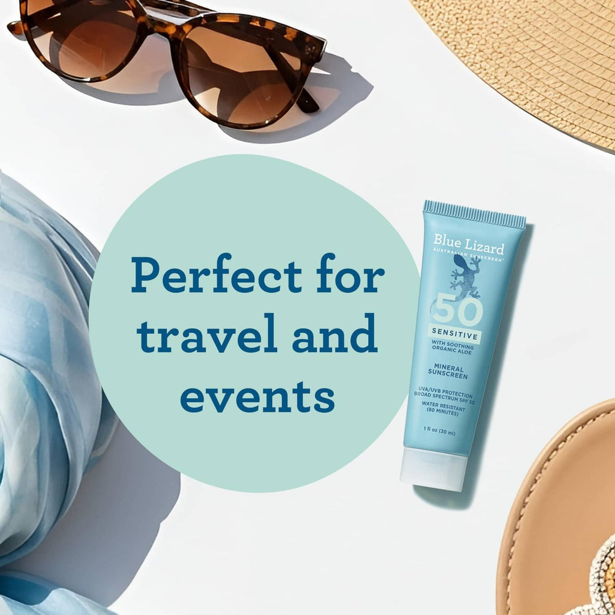 Mineral SPF 50 sensitive sunscreen tube for travel and events, 1 fl oz.