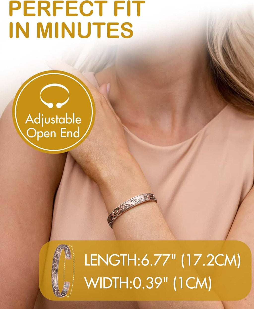 Copper magnetic bracelet with engraved detail on wrist, open adjustable end