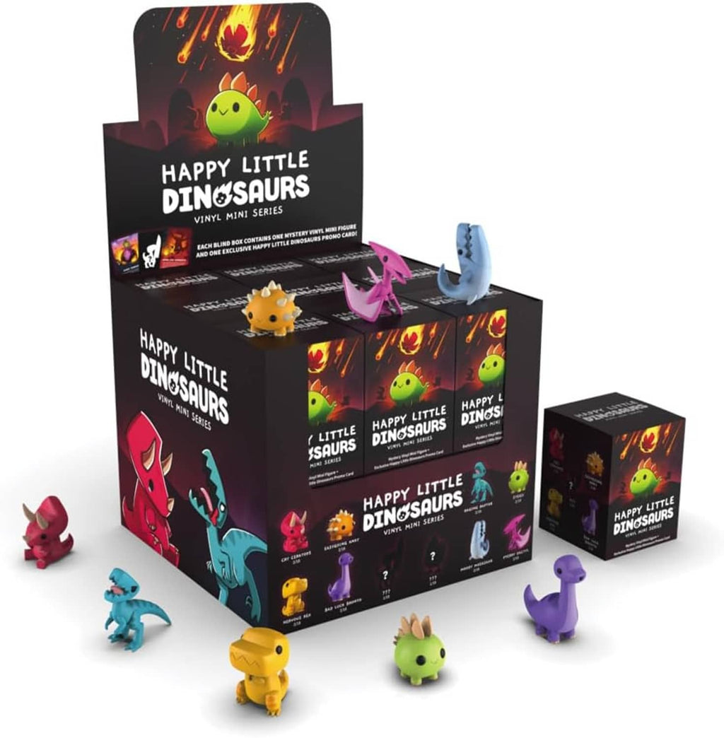 Assorted vinyl mini dinosaur figures with black mystery box packaging
