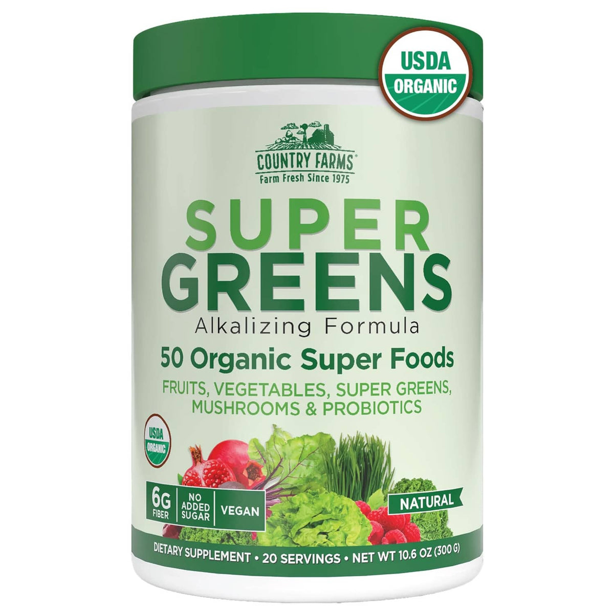 Country Farms Super Greens organic powder jar, green lid, white container