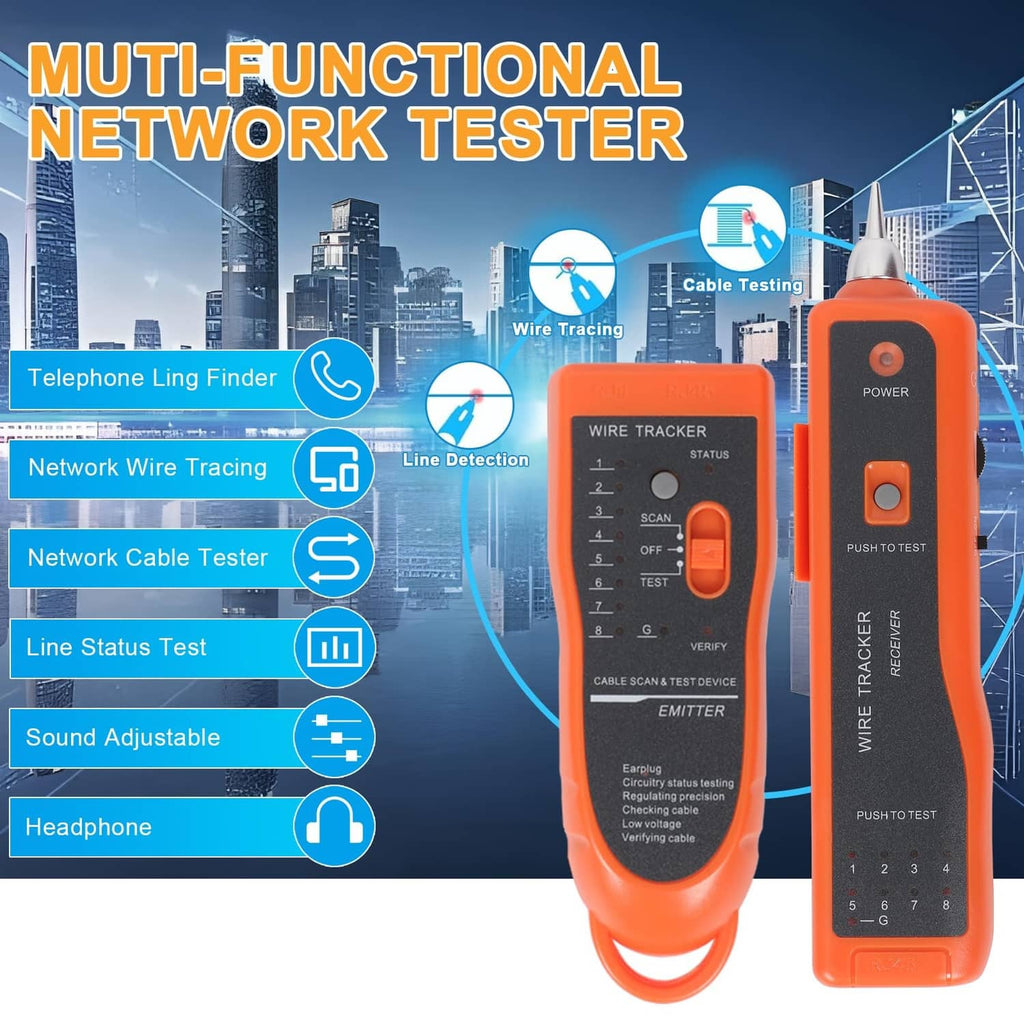Orange multi-function network wire tester with probe and orange control panel