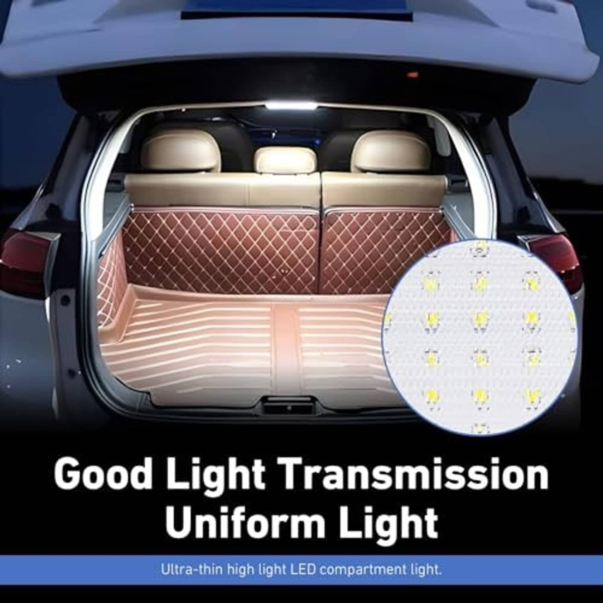 RV dome LED compartment light with bright circular LED panel, shown near open interior